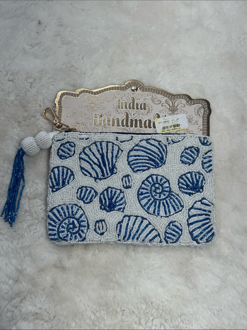 Made in India beaded blue shell pouch